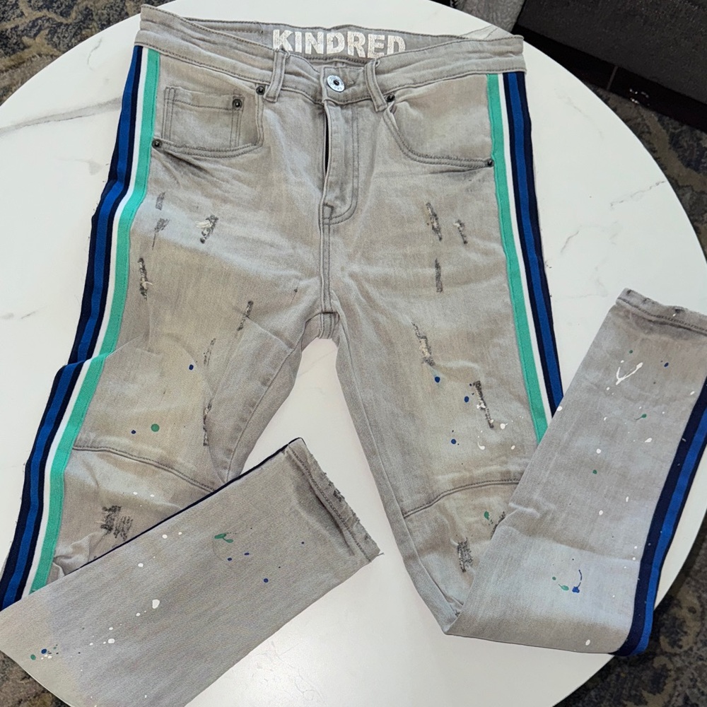 Kindred Men's Skinny Jeans - Gray with Blue and Green Stripes